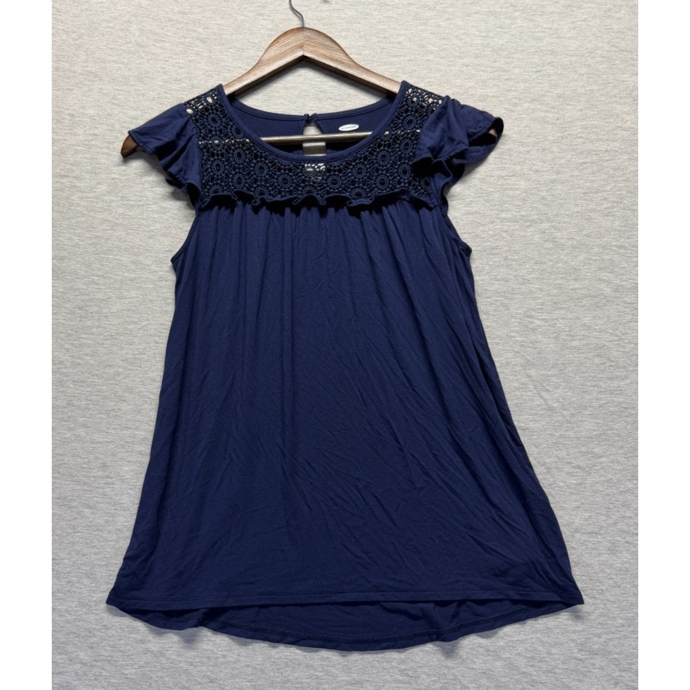 Old Navy Swing Top Girls L (10-12) Navy Blue Distinct Lace Yoke Flutter Sleeve